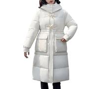 Cappotto invernale lungo imbottito per oversize, lunghezza al ginocchio, calda alternativa al piumino con cappuccio, bianco, XL