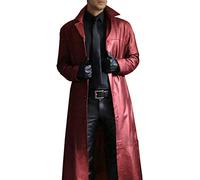 Cappotto lungo da uomo in pelle a lunghezza intera cappotti da uomo classico motociclista Faux Slim Fit giacche in pelle, Rosso, L