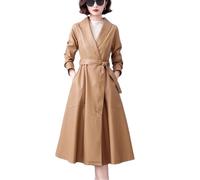 Cappotto lungo in pelle da donna Primavera Autunno Turn-Down Collar Lace-Up Split Leather Trench Coat Casual Pelle di pecora Capispalla, Giallo, L