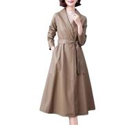 Cappotto lungo in pelle da donna Primavera Autunno Turn-Down Collar Lace-Up Split Leather Trench Coat Casual Pelle di pecora Capispalla, cachi, 3XL
