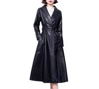 Cappotto lungo in pelle da donna Primavera Autunno Turn-Down Collar Lace-Up Split Leather Trench Coat Casual Pelle di pecora Capispalla, Nero , XXL