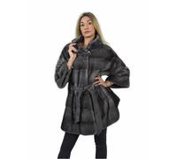 Cappotto mantella 52 visone pelle intera orizzontale colore blu iris con cint...