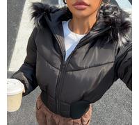 Cappotto trapuntato nero basic da ragazza adolescente con cappello in flanella, moda da strada, adatto per l'autunno e l'inverno, stagione back to school 14Y,13Y,16Y,15YColore unicoPoliestere