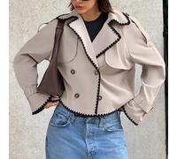 Cappotto trench da donna con bottoni, ricamo e bordo a contrasto color conchiglia beige L,M,S,XSBlocchi di colore,A strisceTessuto intrecciato