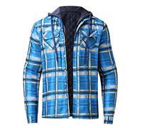 Cappotto Uomo Inverno Lungo Uomo Casual Autunno e Inverno Plaid stampato con Cappuccio Tasca con Zip Manica Lunga Camicia Patchwork Giacca Larga ispessita, blu, XL