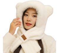 Cappuccio lavorato a maglia con sciarpa e orecchie - Bianco