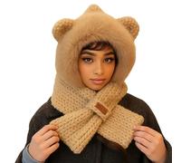 Cappuccio lavorato a maglia con sciarpa e orecchie - Marrone