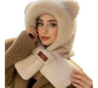 Cappuccio lavorato a maglia con sciarpa e orecchie - Marrone Chiaro