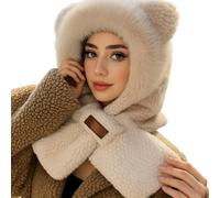 Cappuccio lavorato a maglia con sciarpa e orecchie - Marrone Chiaro KP36921