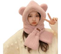 Cappuccio lavorato a maglia con sciarpa e orecchie - Rosa