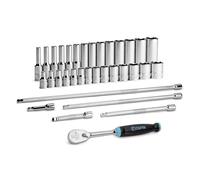 Capri Tools Drive Master - Set di chiavi a bussola a 6 punte, cromate, da 4 a 15 mm, con prolunga e cricchetto a 90 denti, impugnatura morbida, 34 pezzi, sistema metrico