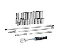 Capri Tools Drive Master - Set di chiavi a bussola cromate a 6 punte, da 3/16 a 9/16", con prolunga e cricchetto a 90 denti, impugnatura morbida, 26 pezzi, SAE