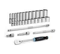 Capri Tools Drive Master - Set di chiavi a bussola cromate a 6 punte, da 5/16" a 1", con prolunga e cricchetto a 90 denti, impugnatura morbida, 29 pezzi, SAE