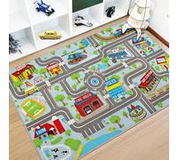 Capslpad Tappeto da gioco per bambini con città e strada, 100 x 160 cm, antiscivolo, lavabile in lavatrice, tappetino per esercizi, a pelo corto, per la stanza dei bambini, colore: blu pastello