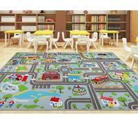 Capslpad Tappeto da gioco per bambini con città e strada, 200 x 300 cm, antiscivolo, lavabile in lavatrice, tappetino per esercizi, a pelo corto, per la stanza dei bambini, colore: blu pastello