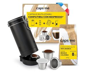 CAPSME - Marchio francese - Kit completo di capsule ricaricabili per Nespresso® - Con 1 shaker, 3 capsule ricaricabili in acciaio inox, 48 opercoli, 200 g di caffè