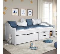 Capwee Divano Letto 2 Posti Letto Singolo con Contenitore Struttura Letto con cassetti contenitori e doghe in Legno Massello Pino-Bianco-3 Cassetti