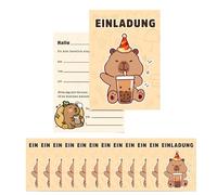 Capybara - 12 biglietti di invito per compleanno per bambini e bambine, simpatici animali per feste di compleanno per bambini, motivo cartoni animati, colore: beige