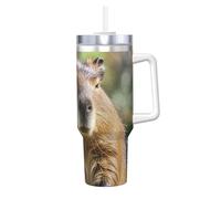 Capybara - Bicchiere con gli occhi chiusi, con manico e cannuccia, isolamento sottovuoto, in acciaio inox, a doppia parete, elegante, da viaggio, con supporto per tazza da caffè, per donne e uomini