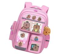 Capybara Rucksack - Cartoon Schultasche mit Mehrfachfächern, langlebiger Tagesrucksack mit Kartenabzeichen und Taschenanhänger | Süße Capybara Tasche für Schule Reisen Mädchen Kinderbedarf, Rosa, Se