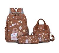 Capybara - Set di 3 zaini da scuola elementari con motivo cartoni animati, borsa da viaggio con borsa per il pranzo e astuccio, per bambini, adolescenti, Marrone scuro, casual