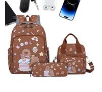 Capybara, set di borse da viaggio, zaino quotidiano per bambini e ragazze, con astuccio e borsa per il pranzo, per la scuola e i viaggi, Marrone scuro, Refer to description