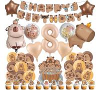 Capybara - Set di decorazioni per feste di compleanno, include striscione di buon compleanno, topper per torte, 4 palloncini a elio, 18 palloncini in lattice, topper per cupcake per feste di