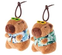 Capybara - Set portachiavi in peluche, 2 pezzi, simpatico animale di peluche con tartaruga e cappuccio fragola, idea regalo, Camicia hawaiana, 3.3 x 3.3 x 4.7 in