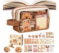 Capybara Stationery - Large Capacity Cartoon Pencil Case, Cute Capybara Pen Bag with Stickers | Transparent Multi-Compartment Pouch with Highlighters, Keychain for School, Classroom, Home, Kids
