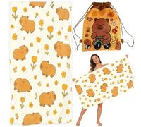 Capybara Telo Mare+Tasche, Capybara Telo Antisabbia Mares Coperta da Spiaggia Teli Mare Microfibra Coperta da Spiaggia da Viaggio Leggero e Portatile Doccia Asciugamano per Piscina 80x160cm (E)