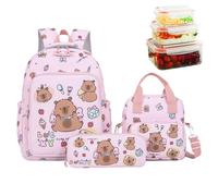 Capybara - Zaino da scuola con grazioso set di libri, zaino da viaggio con astuccio e borsa per il pranzo, per la vita quotidiana e la scuola delle ragazze, Rosa, Refer to description