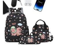 Capybara - Zaino per la scuola | Set di libri con cartoni animati - Simpatico bookbag con astuccio e borsa per il pranzo per la scuola, bambini, ragazze, viaggi, attività quotidiane all'aperto, Nero