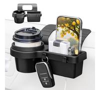 Car Cup Holder Organizer, Vehicle Storage Box with Phone Mount, Built-in Hooks and Drink Slots, Compact Console Organizer, Ideal for Keys, Water Bottles, Daily Driving, Color Black