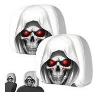 Car Headrest Covers, Skeleton Skull Car Headrest Cover, Scary Face Seat Headrests Dust Covers Fully Surrounded, Auto Head Rest Pillow Cover For SUV RV Truck Long Drives Short Trips Daily Commutes