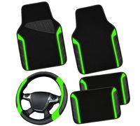 CAR PASS, set coprivolante in pelle e tappetini auto impermeabili, in microfibra, universale, adatto per il 95% di camion, SUV e auto, 36,8-38,1 cm, design sportivo antiscivolo (nero e verde