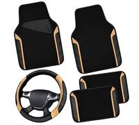 CAR PASS Sport - Copertura in pelle per volante antiscivolo e tappetini impermeabili per auto, in microfibra, universale per il 95% di berlina, SUV, auto, 14,5-15 pollici (nero e beige)