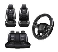 Car Passion Set Coprisedili Anteriori e Posteriori con Poggiatesta + Coprivolante Auto Universale in Ecopelle Sportiva Bianco/Nero - Compatibile con Volanti 37-38 cm - Facile da Installare