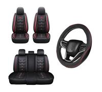 Car Passion Set Coprisedili Anteriori e Posteriori con Poggiatesta + Coprivolante Auto Universale in Ecopelle Sportiva Rosso/Nero - Compatibile con Volanti 37-38 cm - Facile da Installare