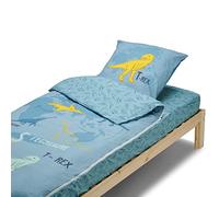 Caradou - Set da letto per bambini T-Rex, 3 pezzi, senza piumino, 90 x 190 cm, cotone, blu verde