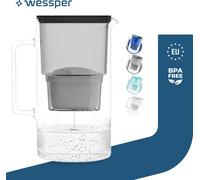 Wessper Caraffa Filtrante in Vetro 3L con 1 Cartuccia | Ricambio per Dafi Unimax Aquaphor A5 BRITA Maxtra+ PHILIPS AWP212/10 | Elimina Cloro, Impurità e Metalli Pesanti | Nero