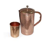 Caraffa in rame puro indiano con 1 bicchiere in vetro per guarigione ayurvedica, capacità 1,6 litri