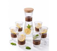 Caraffa in vetro con set di 7 pezzi, caraffa in vetro scanalato, 1,1 l, con coperchio in bambù e 6 bicchieri da 250 ml, BAVARY, dettagli in legno di acacia per acqua, succhi, tè freddo e soda