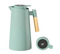 Caraffa Termica da Caffè 1L Thermos con Indicatore di Temperatura Caraffa Termica Manico in Legno Bollitore per Acqua Isolata Teiera da Tè Mantiene Caldo Freddo Per Caffè Latte Tè (Ciano)