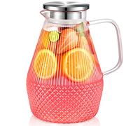 Caraffa Vetro, veecom 2,4 Litri Caraffa Acqua con Coperchio, Brocca Acqua Vetro Borosilicato con Pennello, Brocca Vetro per Latte, Succhi, tè Freddo, Bevanda Calda e Fredda