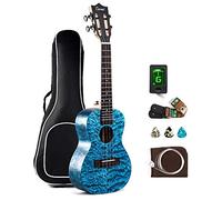 Caramel MC63 Concert - Ukulele da 58,4 cm in acero trapuntato blu, finitura opaca, stile oceano, corde, accordatore, kit per principianti
