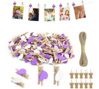 CARANNACLTD 120 Pezzi Mini Mollette di Legno Mollettine Decorative per Foto Matrimonio Artigianato con 20M Spago di Iuta (Bianco E Viola)
