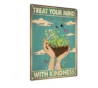 Carastora Targa da parete vintage in latta, con citazione "Treat Your Mind With Kindness", targa in metallo retrò per camera da letto, ufficio, sala meditazione o bar, 20 x 30 cm