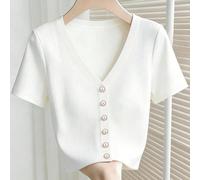 Cardigan a costine bianco con scollo a V e maniche corte, top aderente monopetto con decorazione di perle, versatile come strato interno/esterno per pendolari, design elegante e minimalista alla franc