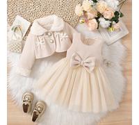 Cardigan a maniche lunghe con colletto morbido e fiocco, abbinato a un vestito a-line con schiena in rete e zip, set da 2 pezzi alla moda e versatile per bambine, adatto per autunno/inverno 6-9M,9-12M