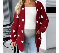 Cardigan ampio con tasche, con motivo jacquard a cuori, adatto per gravidanza L,M,S,XLBlocchi di colore,GeometricoMaglia Pettinata